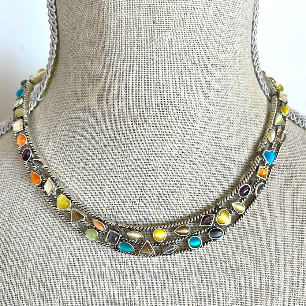 Women’s necklace collar multi colored cat’s-eye stones. Antique silver plated.